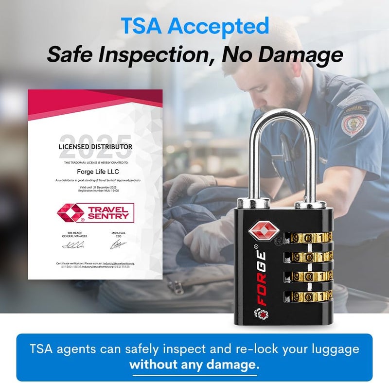 Forge Dual-Opening: Key or Combination Access Lock, TSA Approved Locks for Luggage, Pelican case, Travel, Gym, School, Stainless Steel Shackle. (Black, 4 Pk) - Image 2